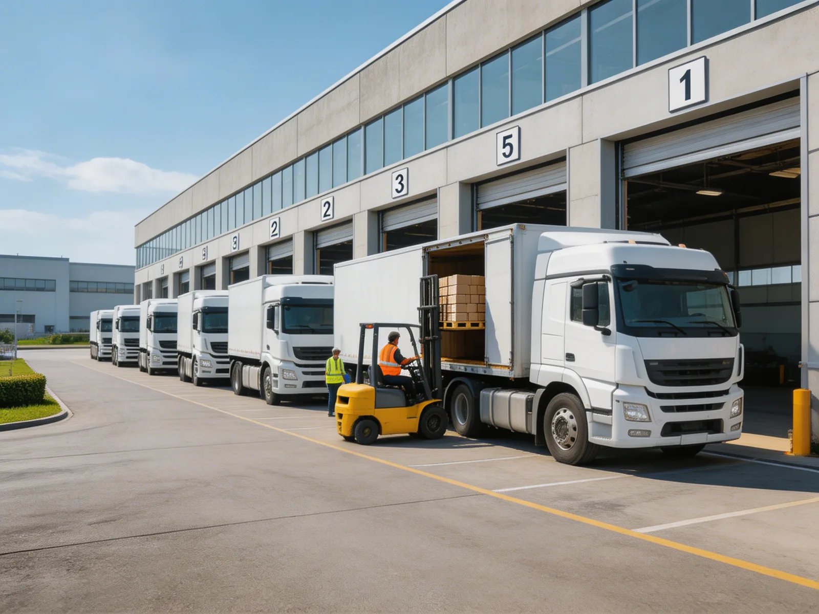 Flota e shpërndarjes së ALB Logistics pranë dokeve të ngarkimit